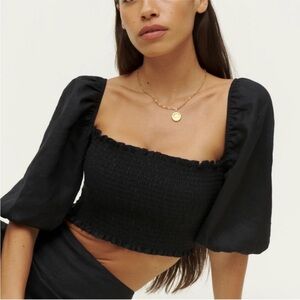 Reformation Linen Elegant Black Puff Sleeve Crop Top